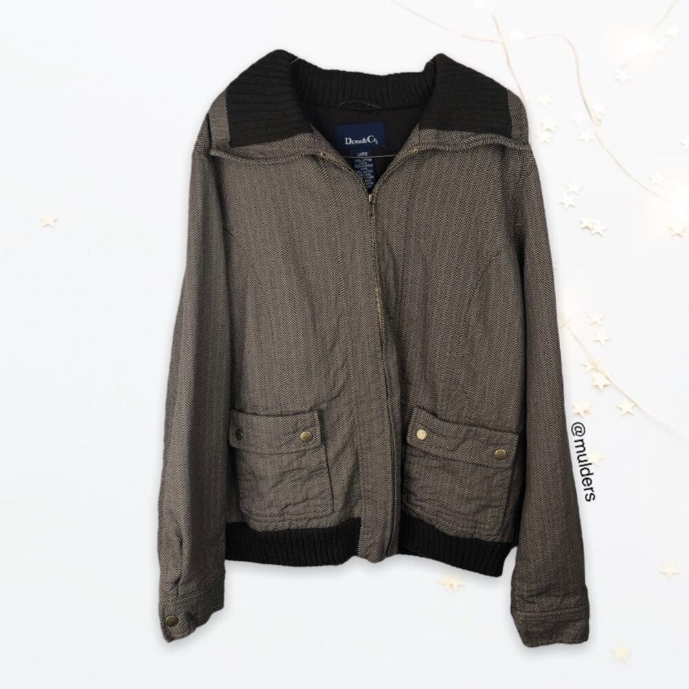 Denim & Co Herringbone Brown Zip Up Bomber Jacket Large with Wool Blend Trim